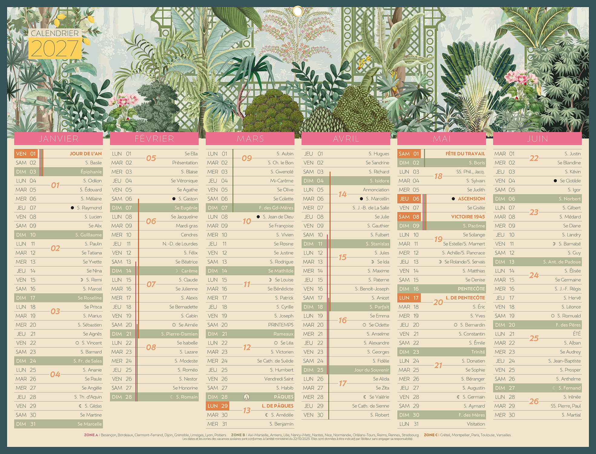 Calendrier Bouchut Exotique - 6 mois par face - 2026 - 32 x 42 cm