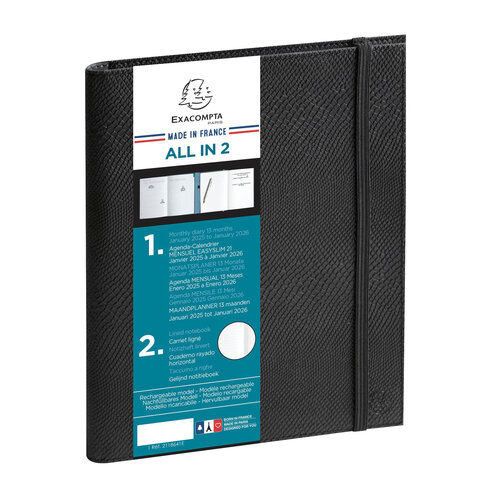 Agenda mensuel Exacompta All in 2 EasySlim Kaa - 2025 15 x 21 cm - noir