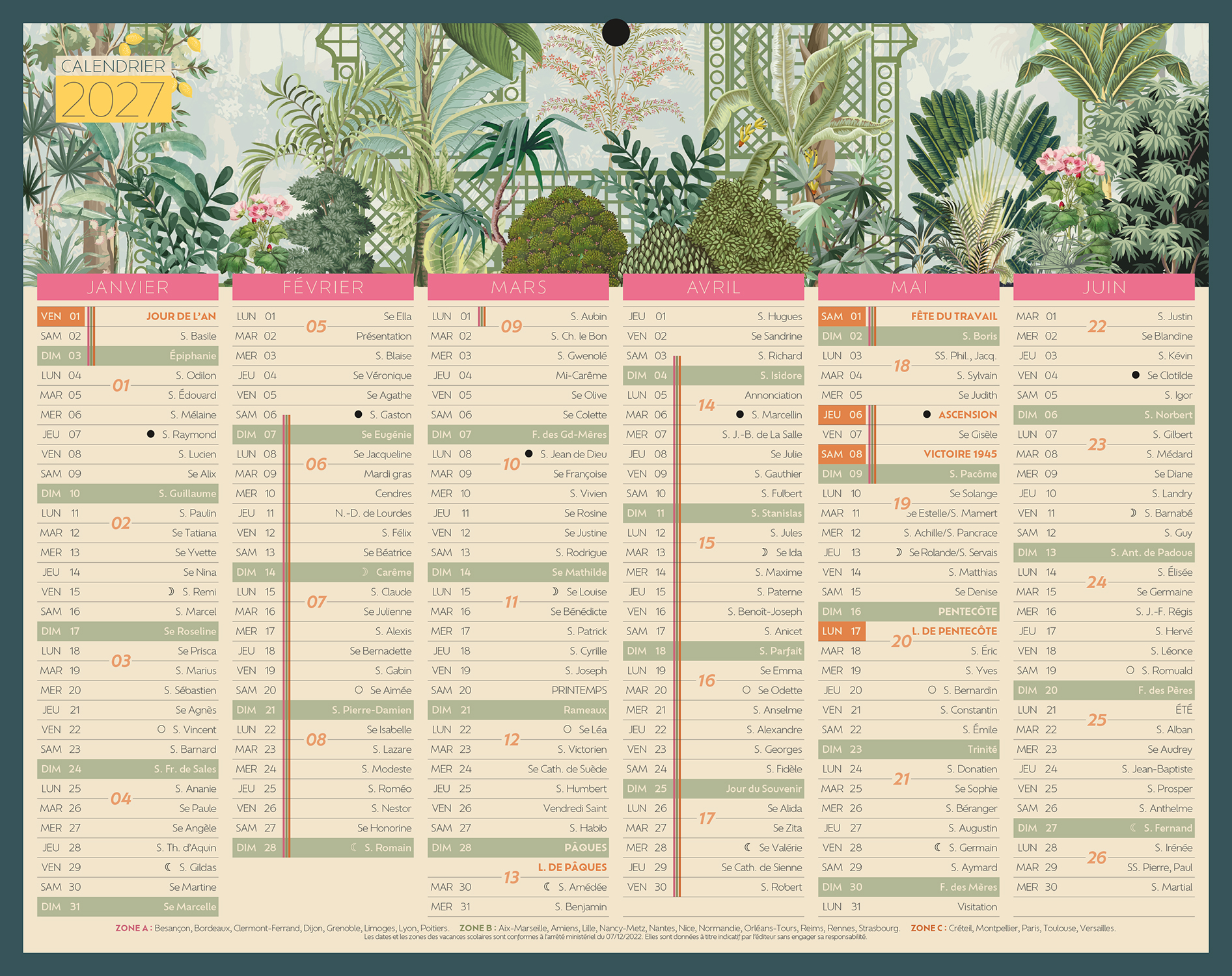 Calendrier Bouchut Exotique - 6 mois par face - 2027 - 21 x 26,5 cm