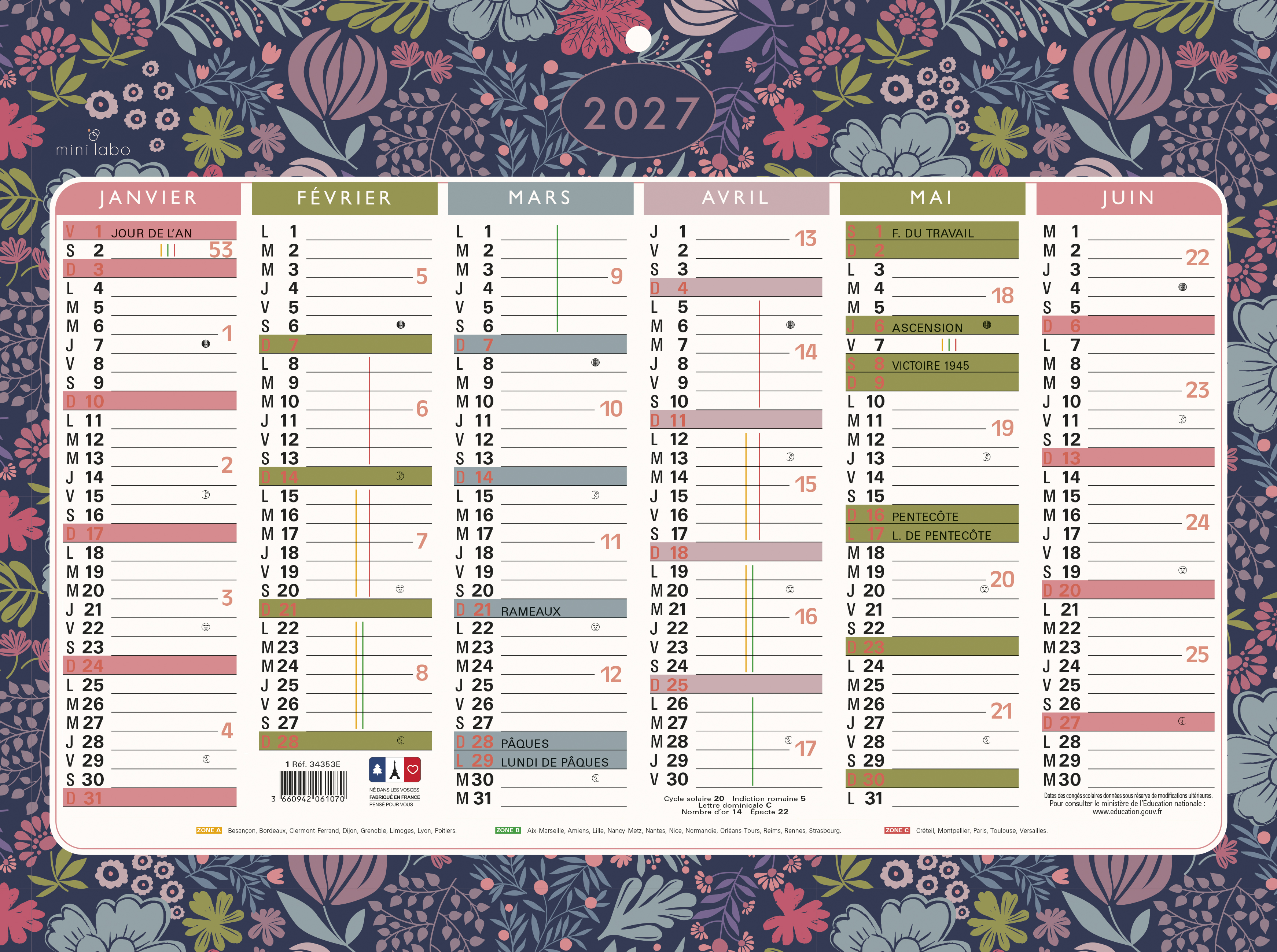 Calendrier illustré Mini Labo - 6 mois par face - 2027 - 29,5 x 22 cm