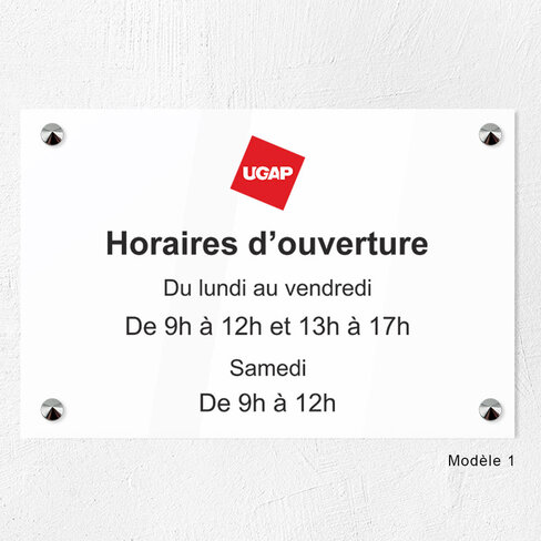 Plaque personnalisée horaires d'ouverture PMMA Greencast 30 x 20 cm - ép. 5 mm - Impression UV