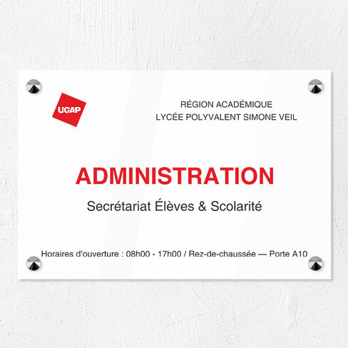 Plaque personnalisée PMMA Greencast - 6 lignes maximum Plexiglas couleur - 30 x 20 cm - ép. 3 mm - Imp. adhésif