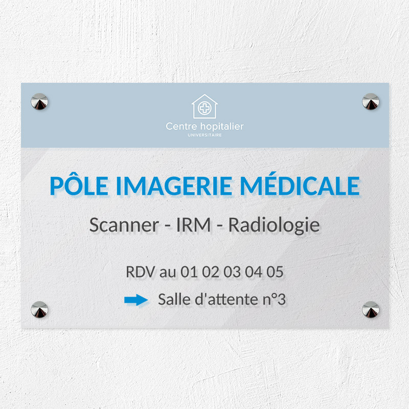 Plaque personnalisée PMMA Greencast - 6 lignes maximum Plexiglas transparent - 30 x 20 cm - ép. 3 mm - Imp. adhésif