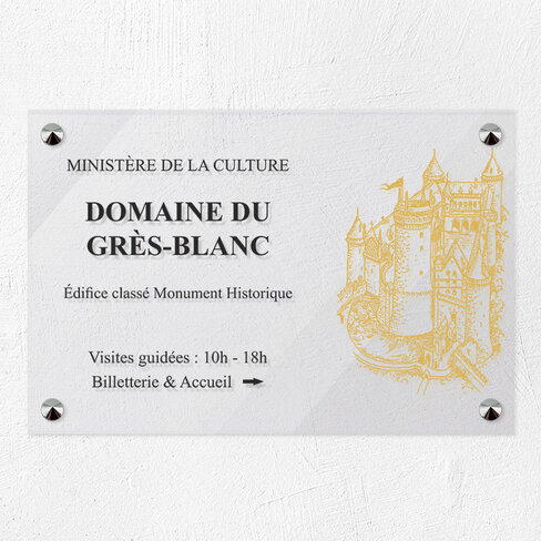 Plaque personnalisée PMMA Greencast - 6 lignes maximum Plexiglas transparent - 30 x 20 cm - ép. 5 mm - Imp. adhésif