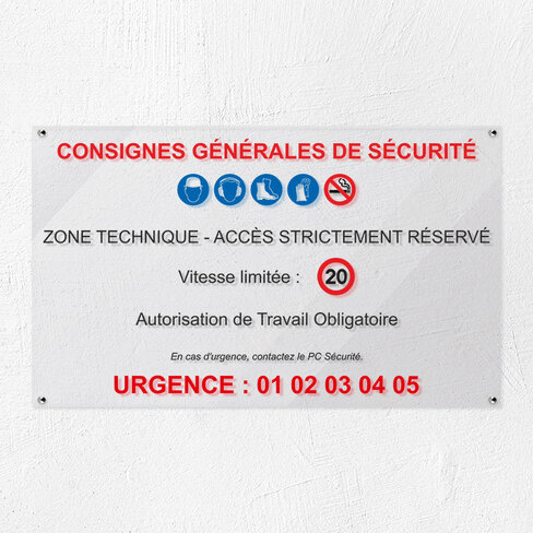 Plaque personnalisée PMMA Greencast - 6 lignes maximum Plexiglas transparent - 100 x 60 cm - ép. 5 mm - Imp.adhésif