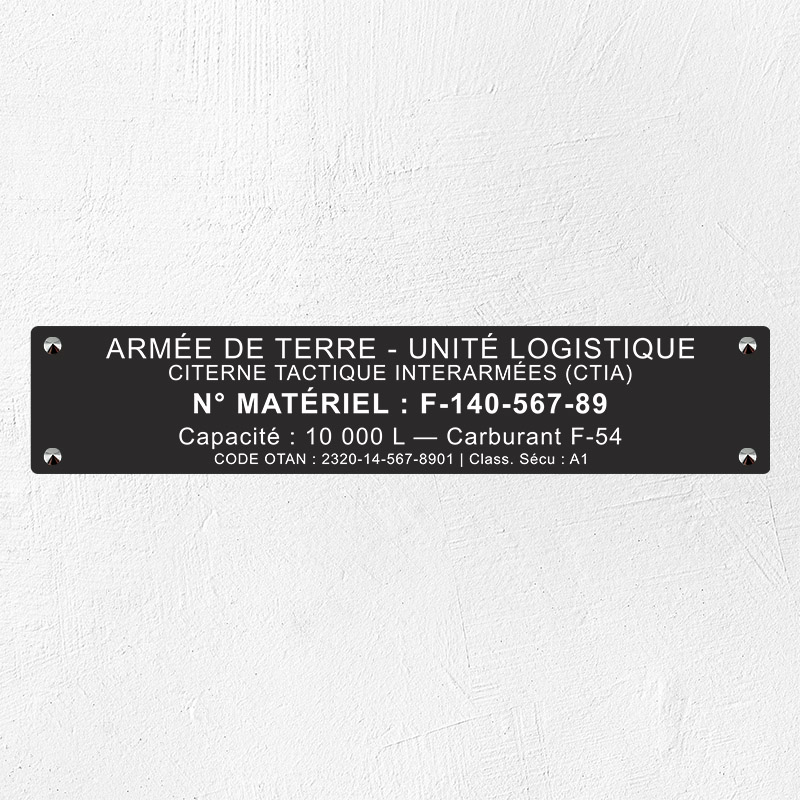 Plaque personnalisée Durablack - identification militaire 10 x 50 cm - Gravure mécanique