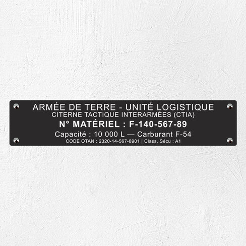 Plaque personnalisée Durablack - identification militaire 10 x 50 cm - Gravure mécanique
