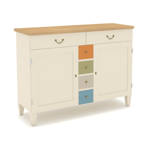 Buffet 2 portes 2 tiroirs Quinquina - l. 142 x h. 102 x pr. 58 cm - hêtre massif beige bouleau - plateau stratifié