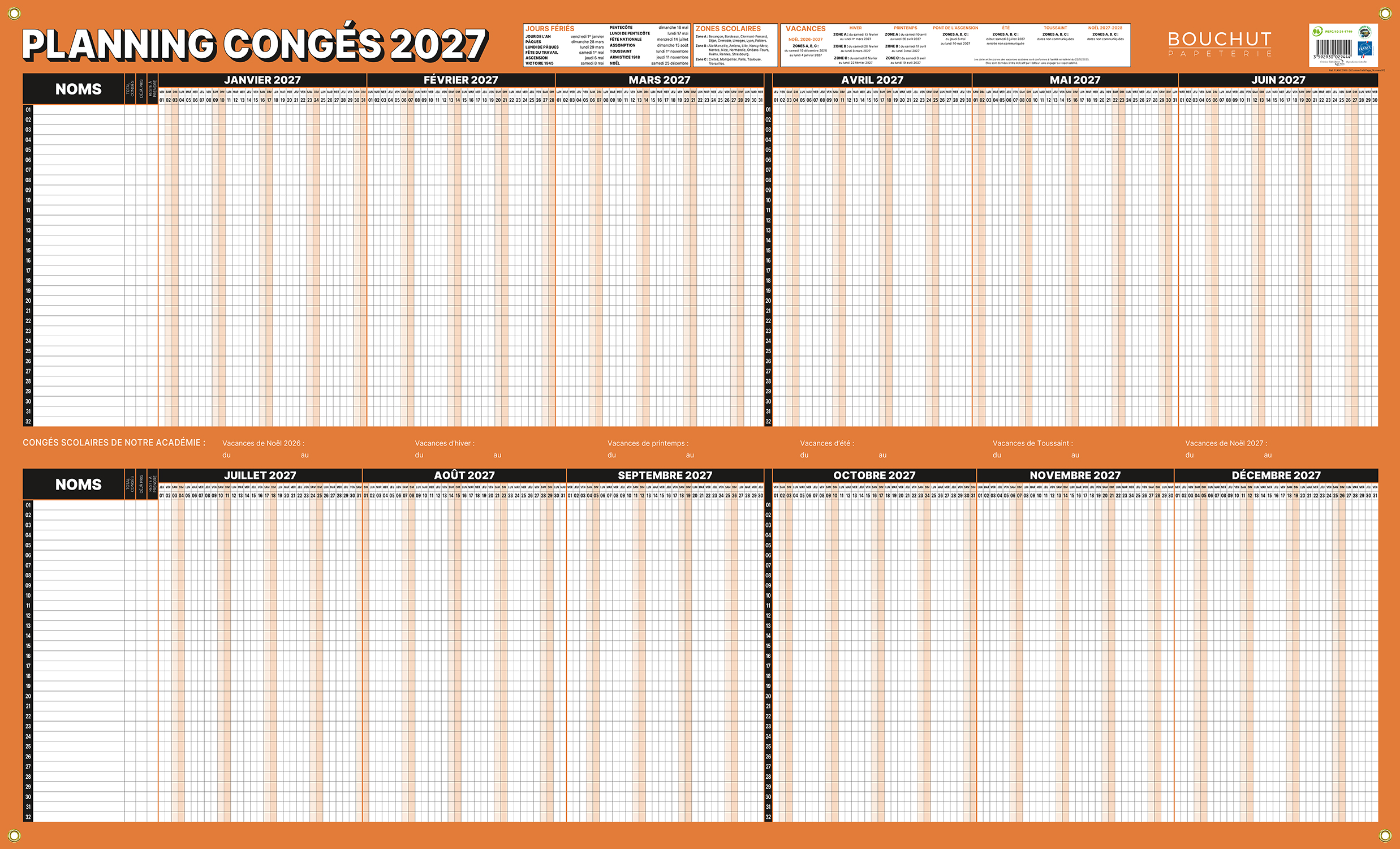 Planning annuel des congés et absences - 60 x 99 cm