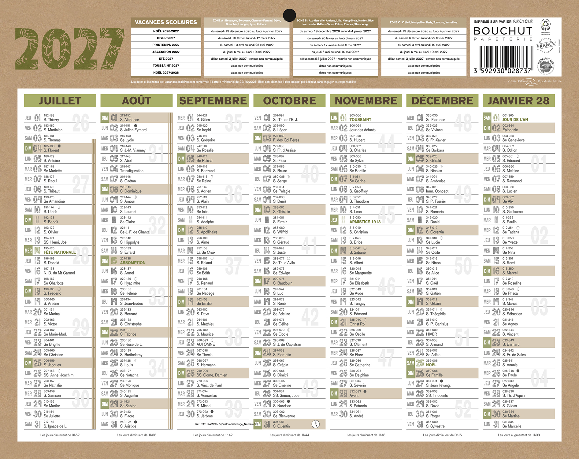 Calendrier recyclé - 6 mois/par face - 21 x 26,5 cm - marron