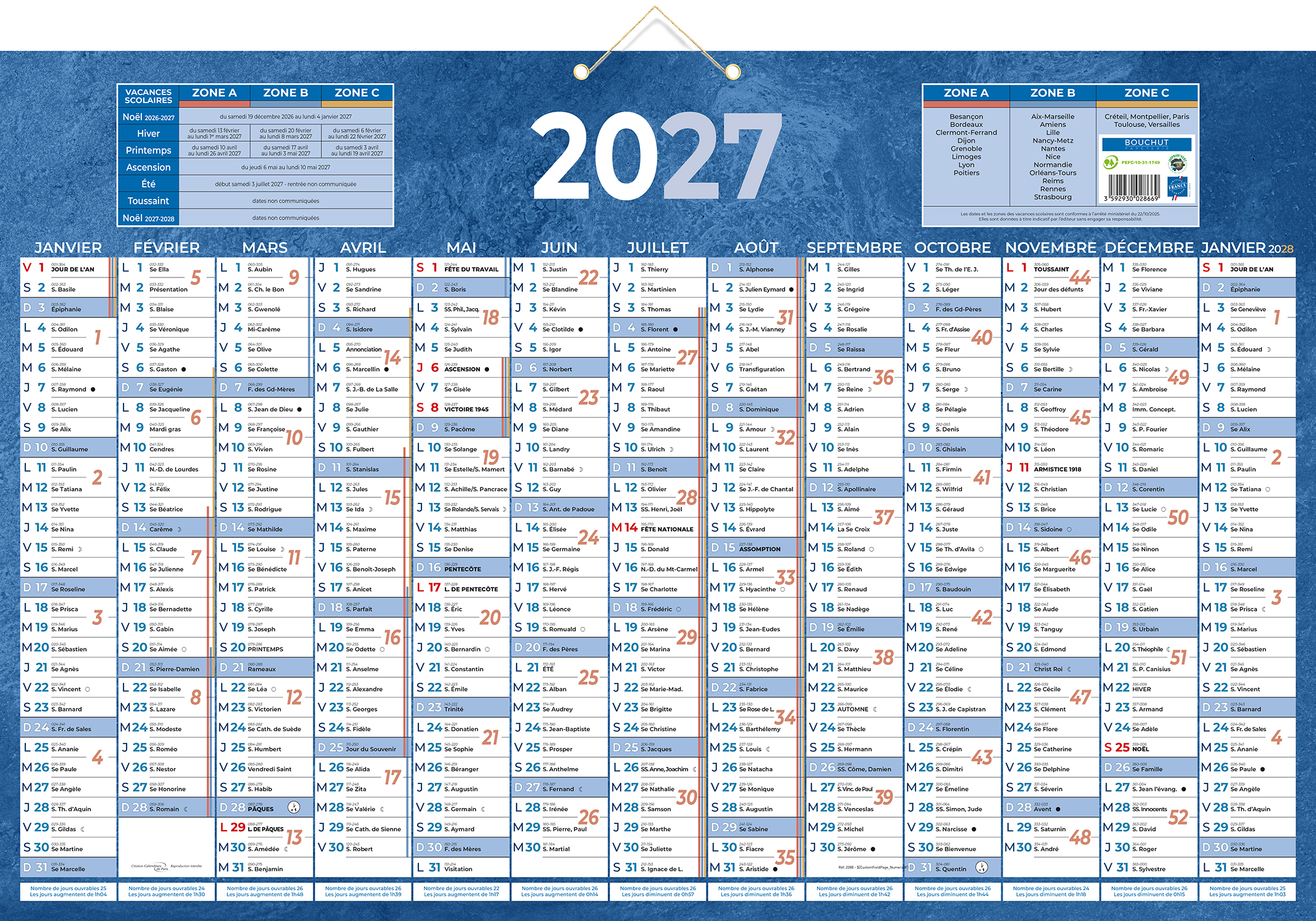 Calendrier mural - 13 mois sur 1 face - 43 x 65 cm - bleu