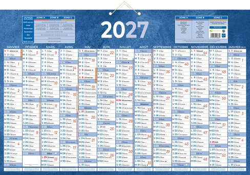Calendrier mural - 13 mois sur 1 face - 43 x 65 cm - bleu
