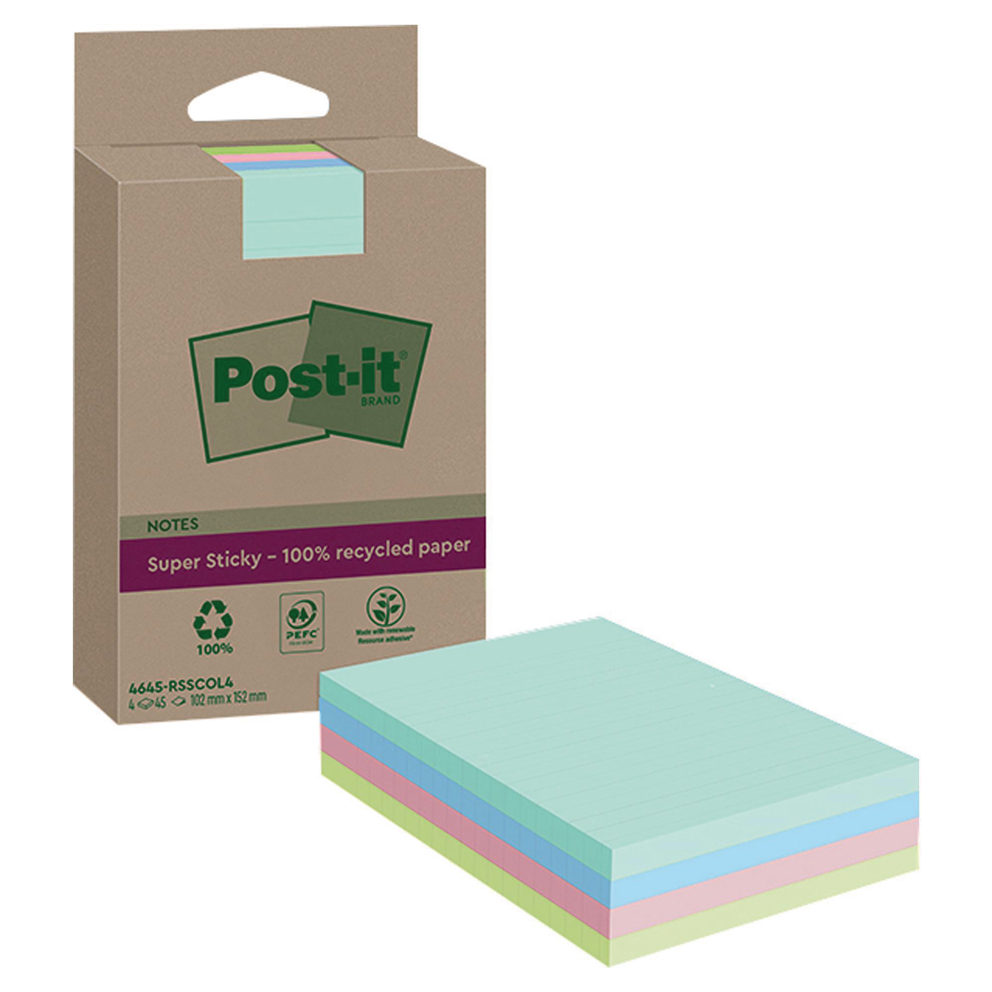Note adhésive recyclée Post-it Super Sticky - 102 x 152 mm - lignée - coloris assortis - 4 blocs de 45 feuilles