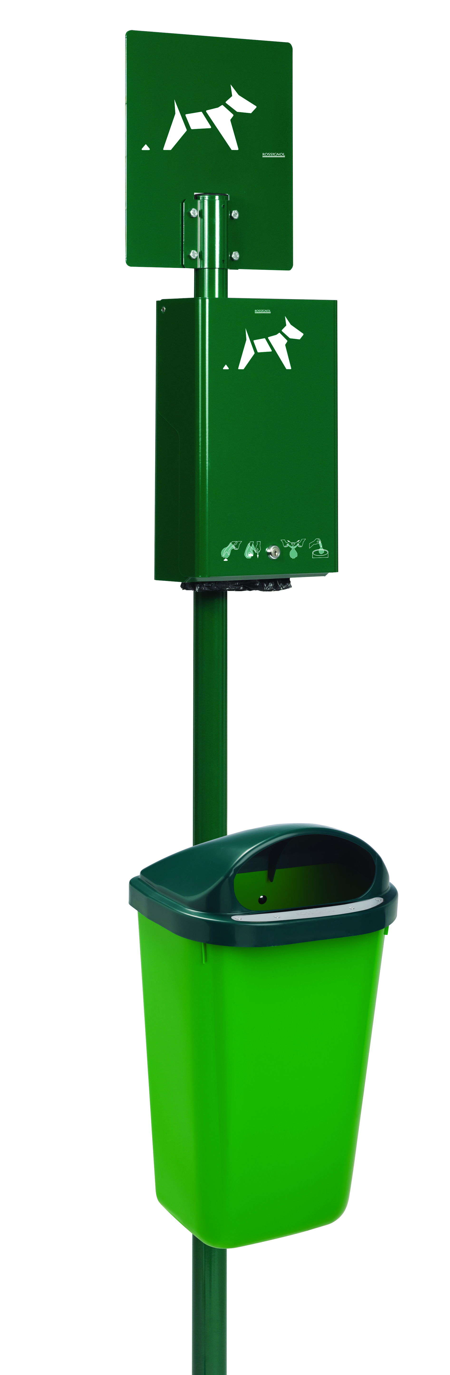 Borne Hygeca + corbeille Xerios 50 L - poteau vert mousse 6005