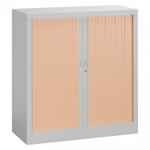 Armoire métallique démontable Union - h. 100 x l. 100 cm - 2 tablettes fermeture rideaux - corps gris / rideau hêtre