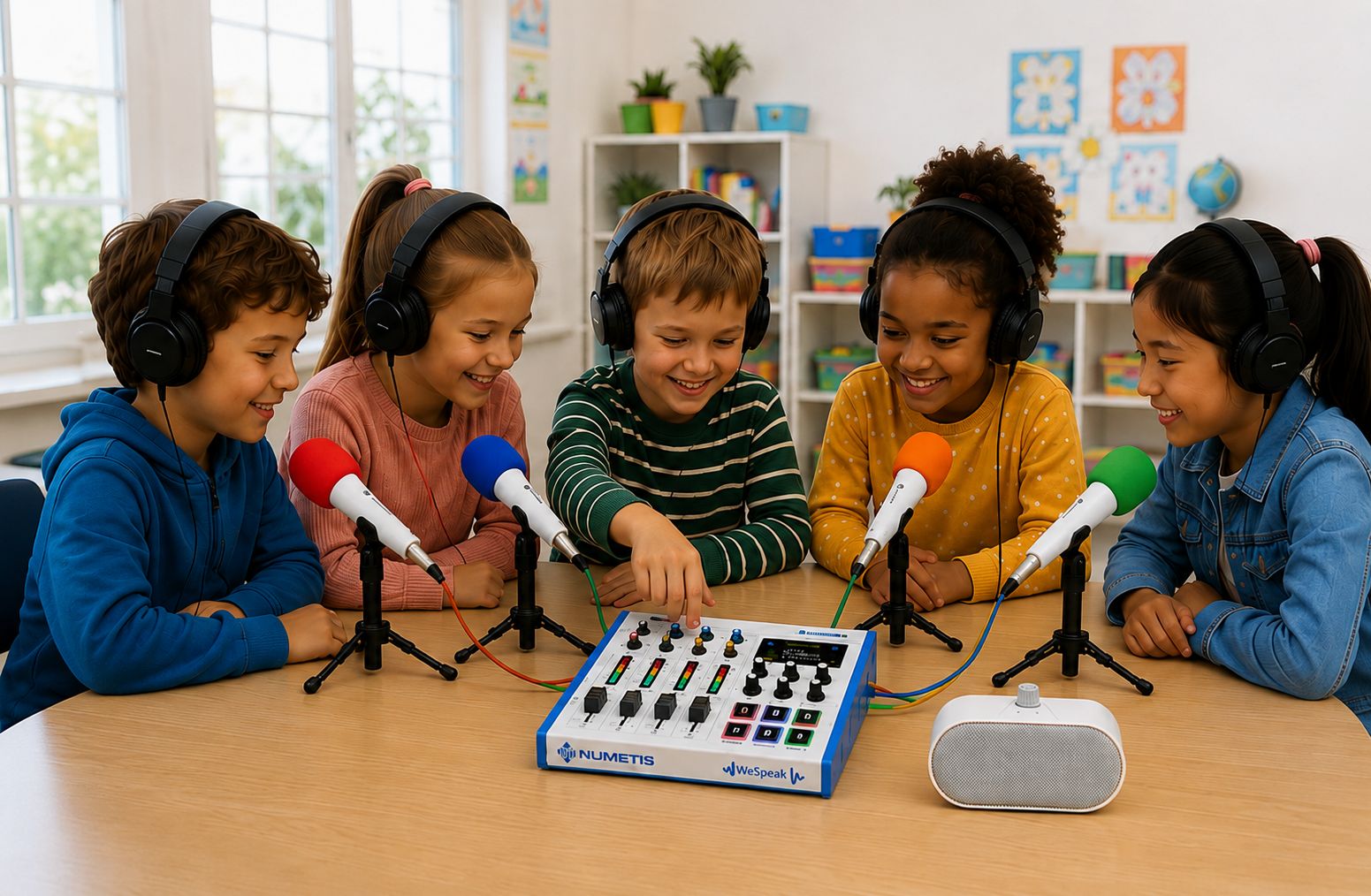 Solution Webradio WeSpeak : 1 console avec carte SD 32 GB 8 câbles colorés (x4 microphones - x5 casques) 1 enceinte