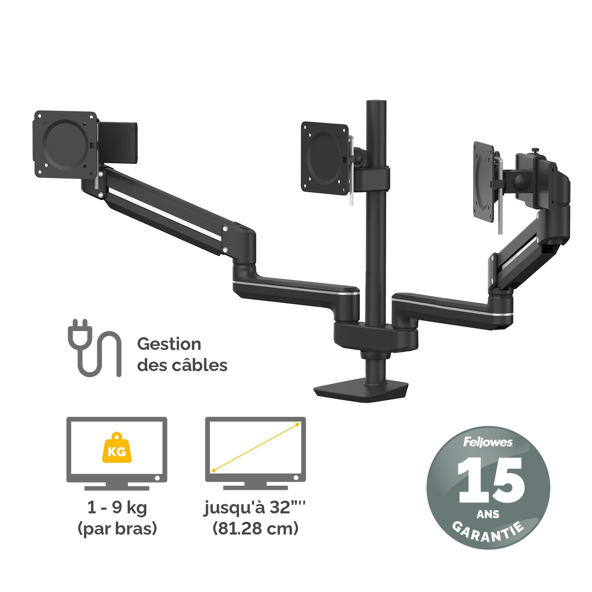 Bras support écran Fellowes Tallo Modular - à pince - 3 écrans - noir