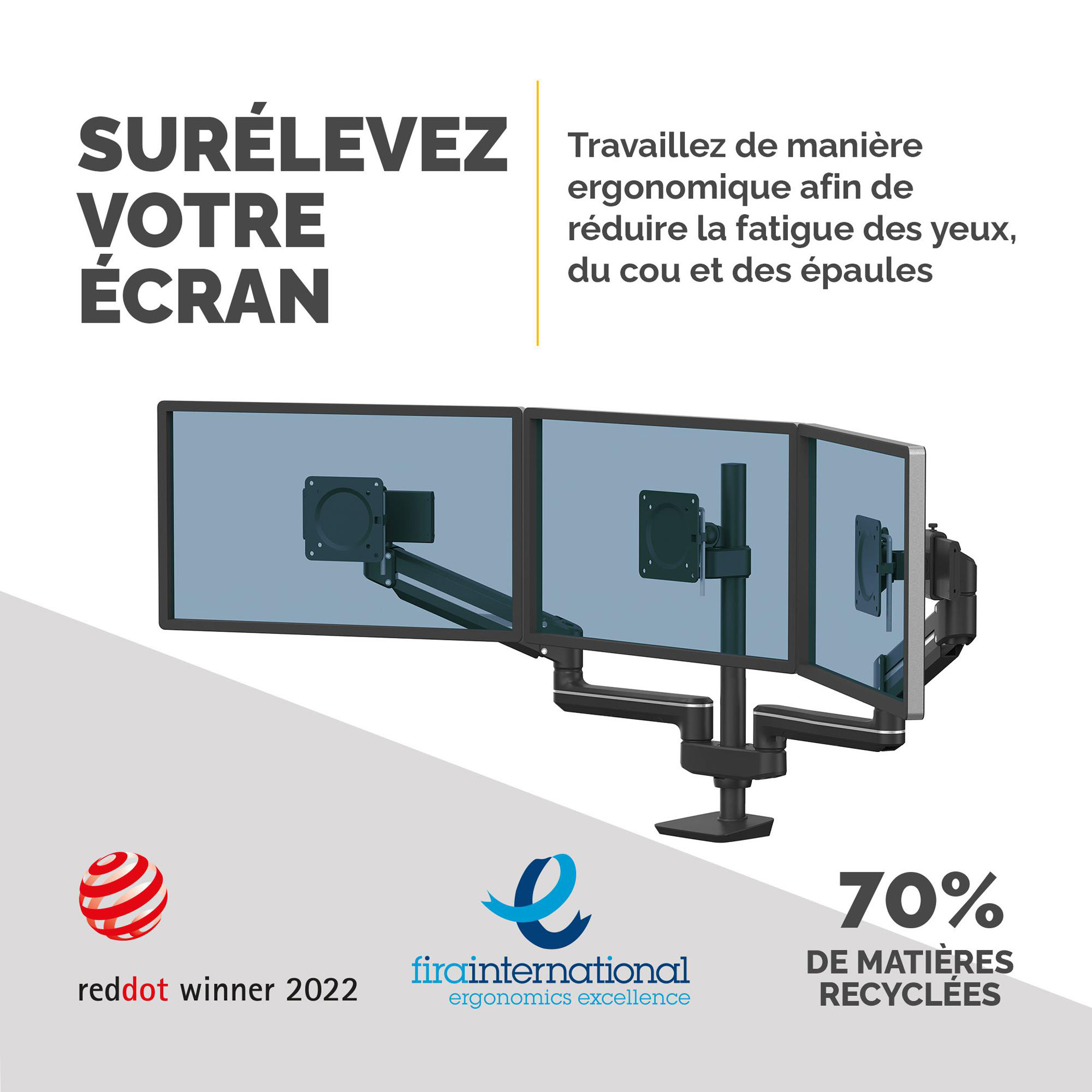 Bras support écran Fellowes Tallo Modular - à pince - 3 écrans - noir