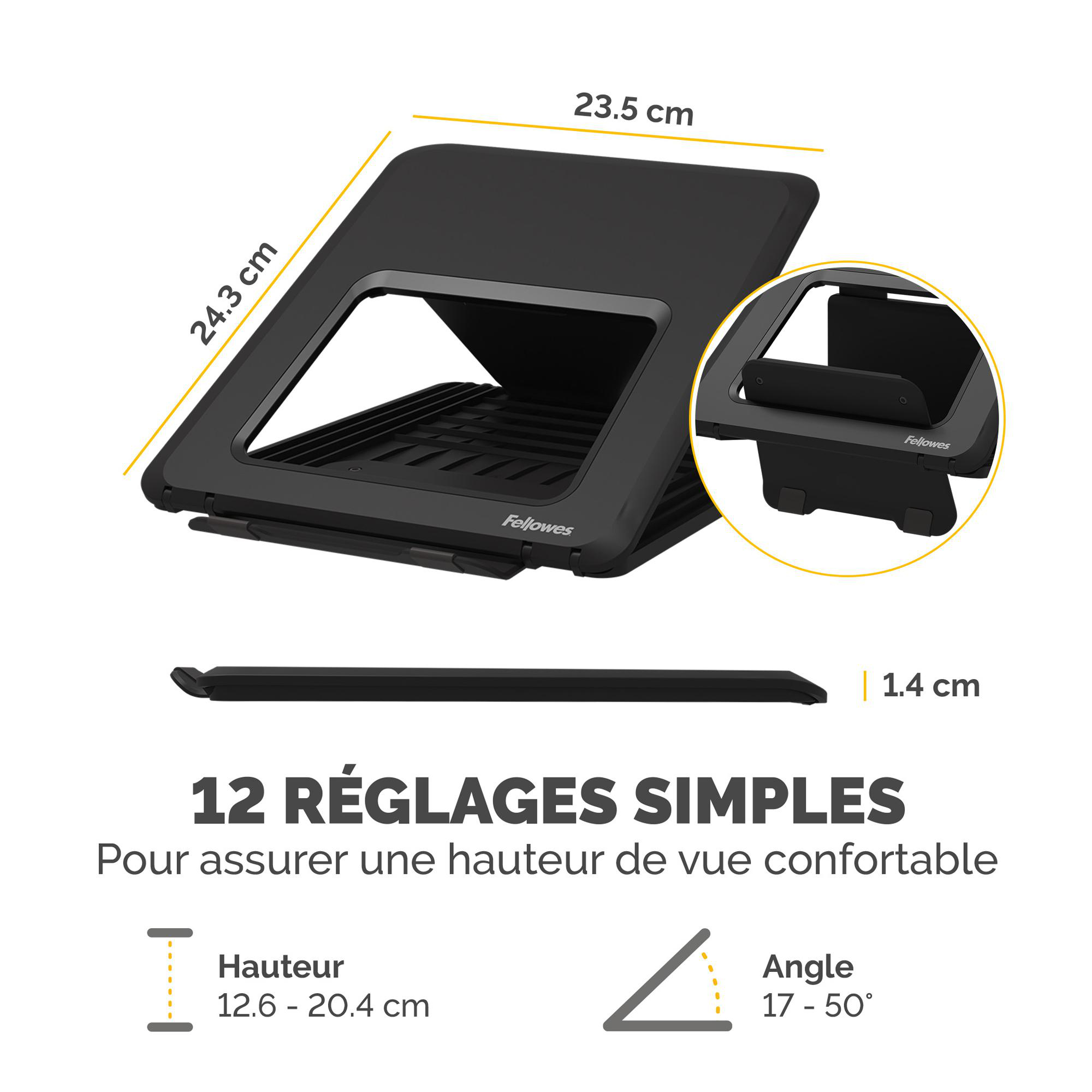Support pour ordinateur portable Fellowes Breyta - réglable en hauteur- 12 positions- noir