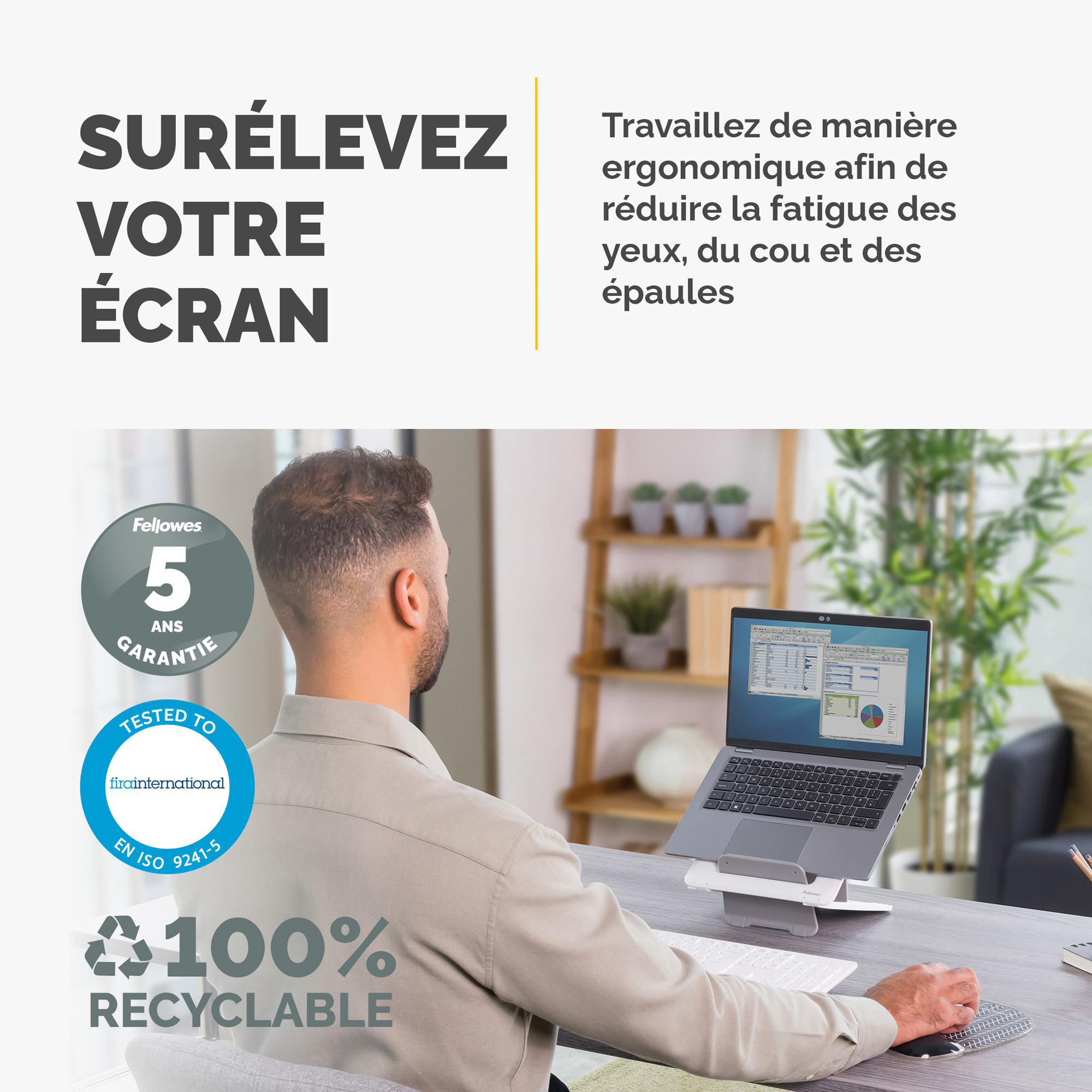 Support pour ordinateur portable Fellowes Breyta - réglable en hauteur- 12 positions- blanc - lot de 5