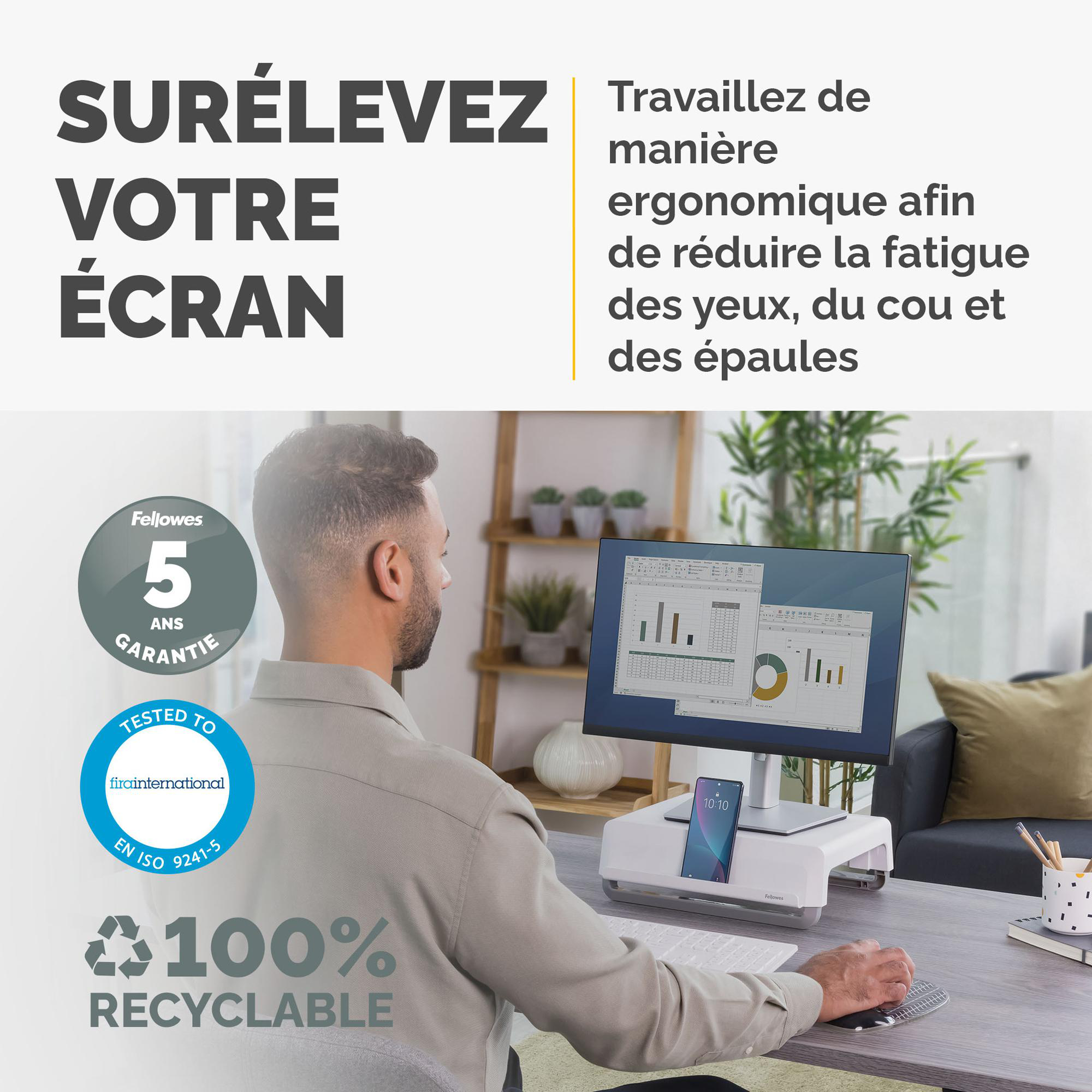 Support moniteur Fellowes Breyta - réglable en hauteur - 3 positions - blanc