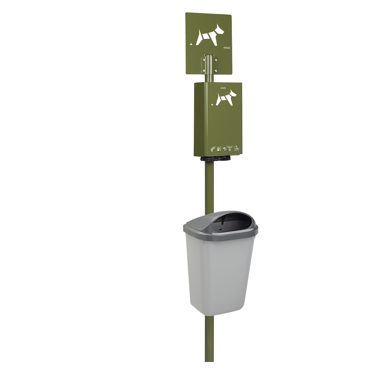 Borne Hygeca + corbeille Xerios 50 L - poteau vert olive 6003