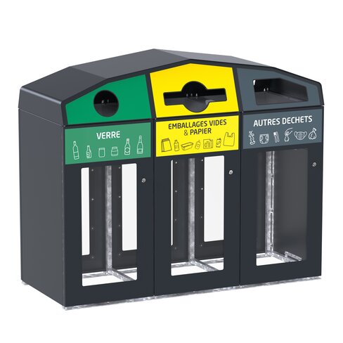 Point de tri 3 flux 3 x 110l vigipirate avec support sac - Trirok - anthracite mat 7016