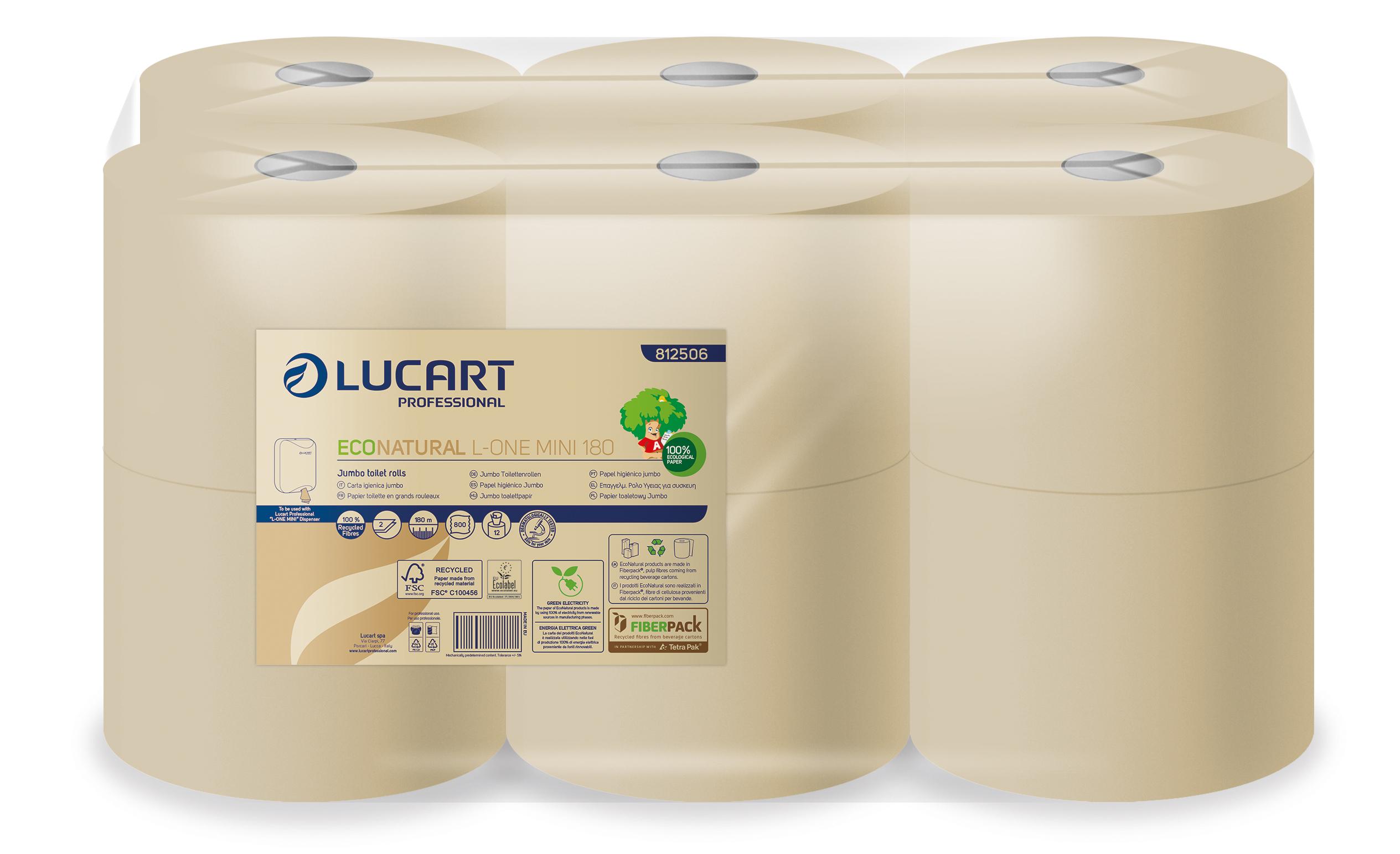 Papier hygiénique bobine dévidage central jumbo 180 m - 800 formats - EcoNatural L-One Mini 180 - 2 plis - havane