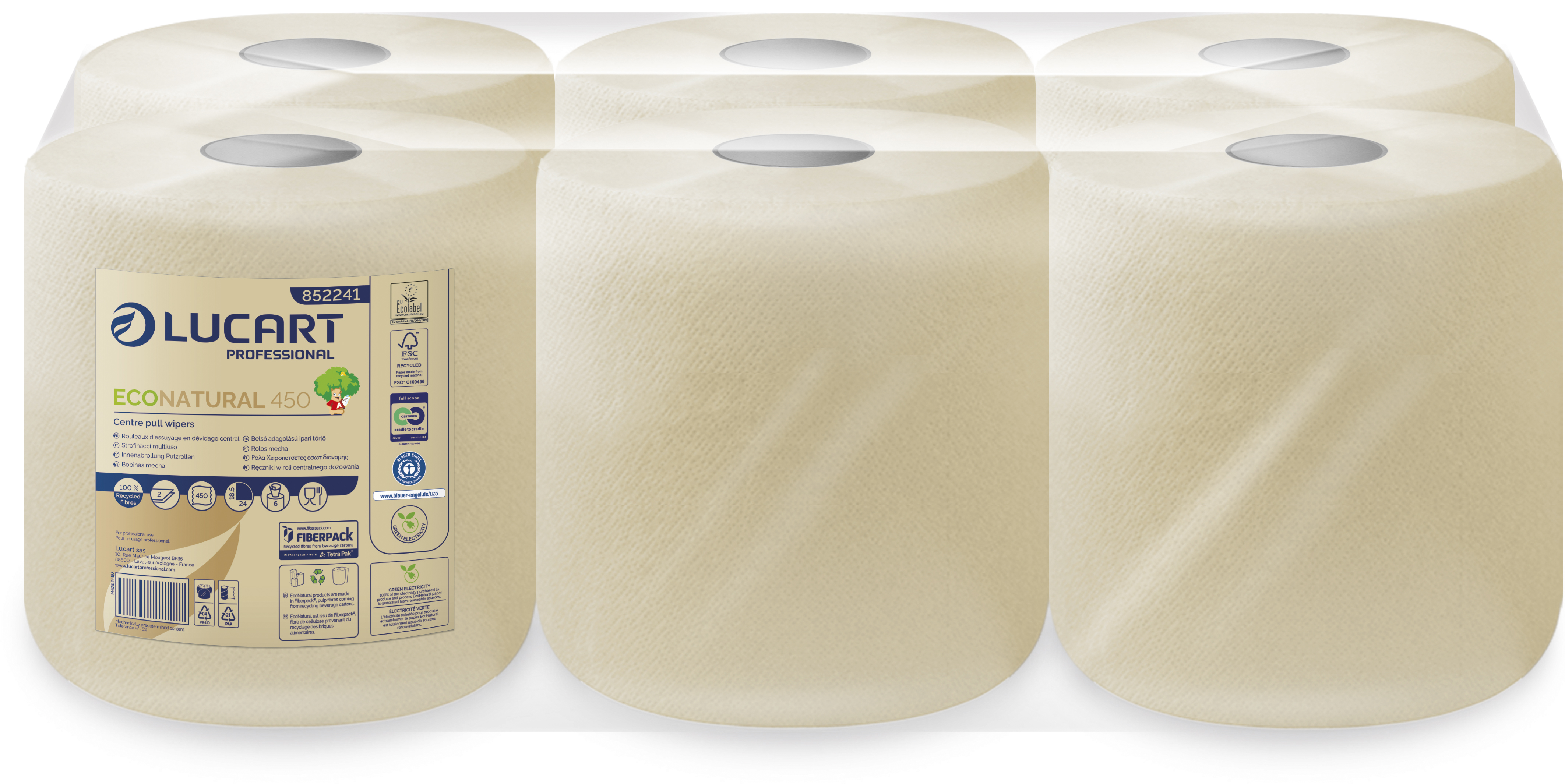 Essuie-mains bobine dévidage central - 450 formats - EcoNatural 450 - 2 plis - havane - Ecolabel - 6 pièces