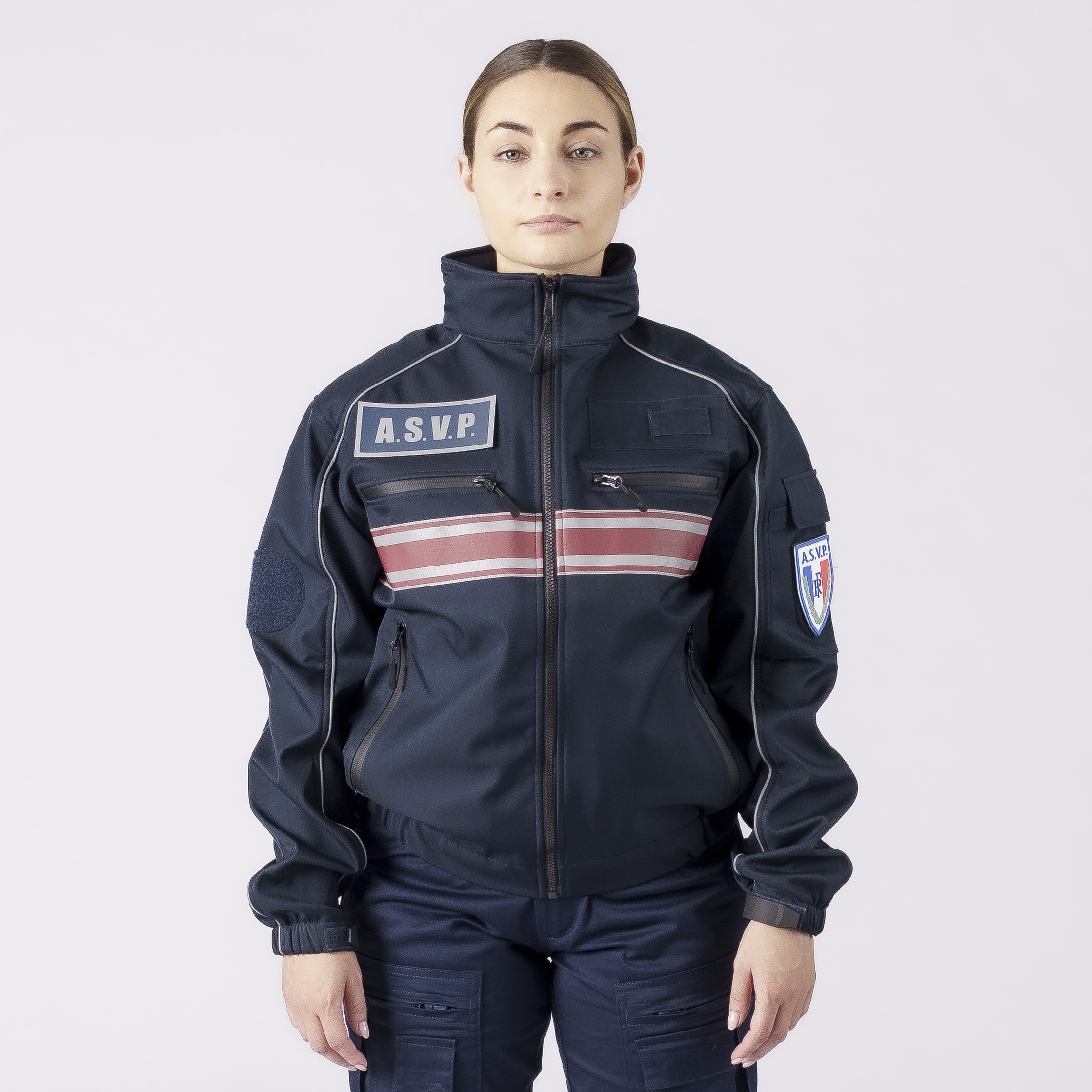 Blouson softshell marine - capuche amovible - bandes bordeaux