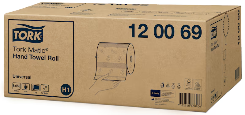 Essuie-mains bobine l. 150 m - Tork Matic Universal H1 - 2 plis - Ecolabel - 1 carton de 6 pièces - ESSITY