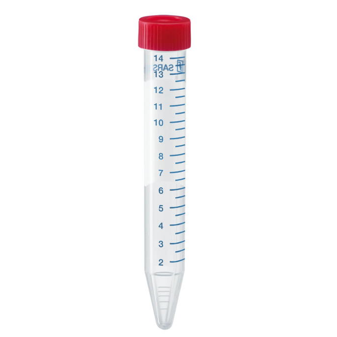 Tube fond conique 15 ml, 120/17, PP, fond conique aplat, gradué , portoir de 50, stérile, apyrogène, bouchon plat x