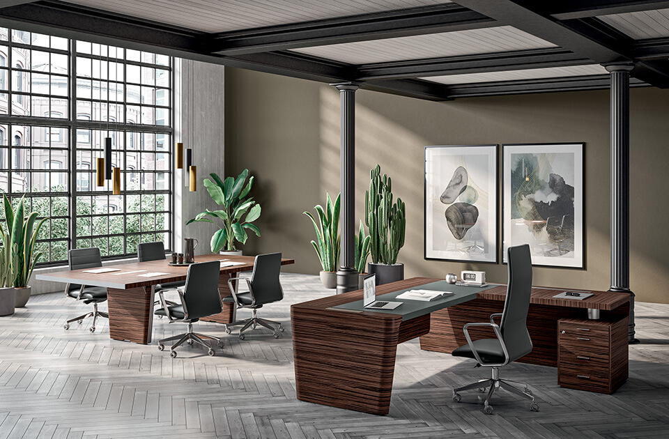 Bureau de direction Quadri Prestige : Bureau droit retour sur caisson avec sous-mains en cuir Anthracite + Table de réunion rectangulaire - Placage bois finition Ebène - Ouvrir le diaporama