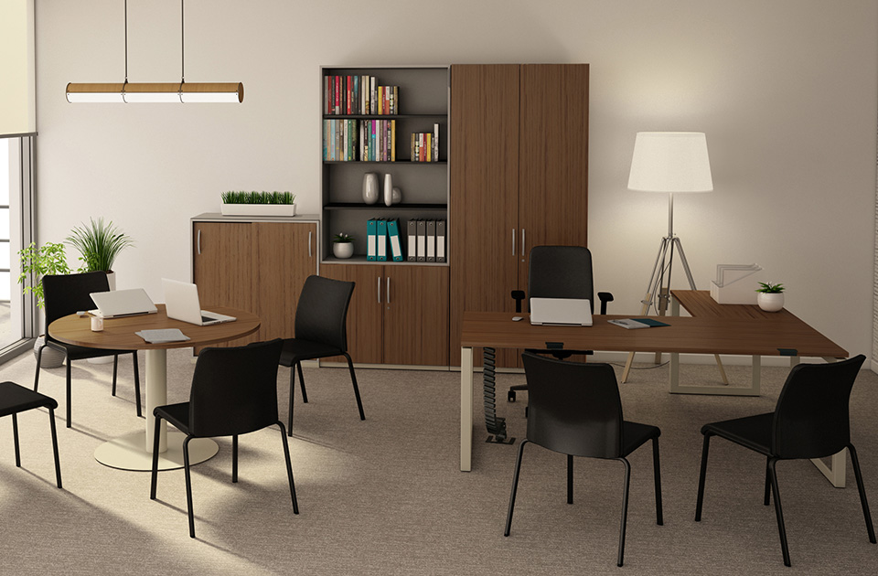 Bureau manager Frameone II asymétrique et table ronde de 4 personnes - Ouvrir le diaporama
