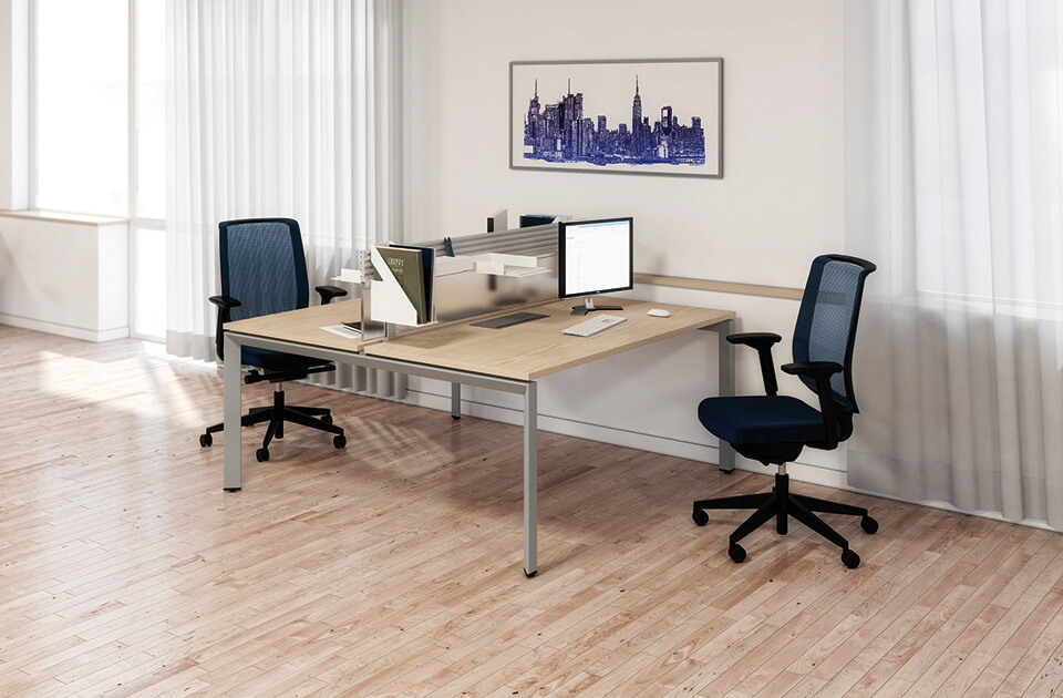 FrameOne II : 2 bureaux droits avec top access et 1 écran PMMA avec rail - Coloris Acacia AT - Ouvrir le diaporama