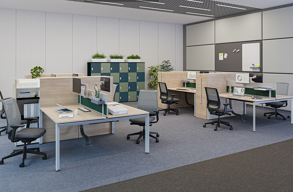 FrameOne II : 8 bureaux droits avec top access et 1 écran PMMA avec rail + Caissons - Coloris Acacia AT - Ouvrir le diaporama