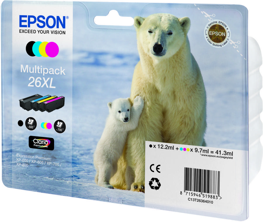 Cartouche d'encre Epson Multipack Ours Polaire - C13T26364010 - Claria Premium XL - 4 couleurs - le pack