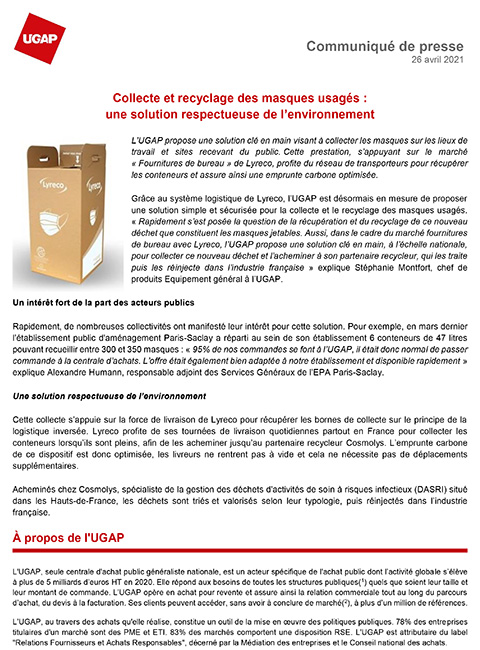 Communiqué de presse Collecte et recyclage des masques usagés