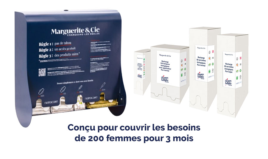 Je commande - Kit complet : distributeur + consommables hygiéniques - Conçu pour couvrir les besoins de 200 femmes pour 3 mois
